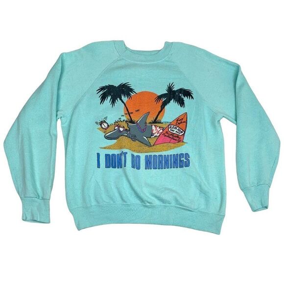 Vintage 80s Ron Jon Sweatshirt Blue Shark Beach Surfer 1988 Don't Do Mornings - Picture 1 of 10